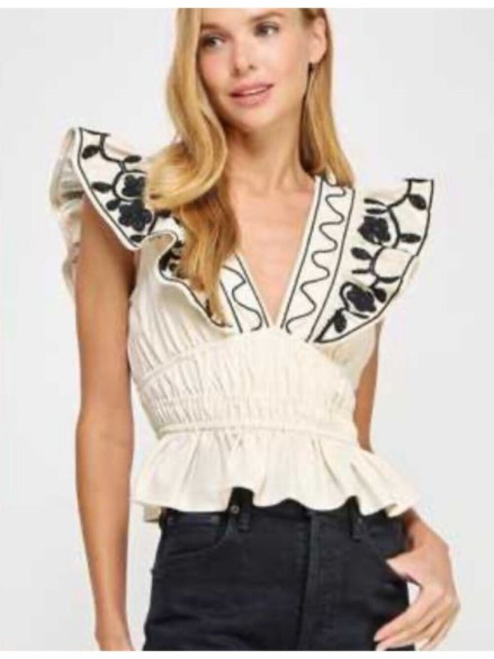 Strut & Bolt Ezra White Black Top Sz L Embroidered Ruffle Smocked Waist Peplum